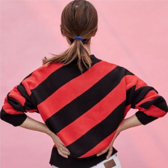 Clare V Drop Shoulder Poppy Red Black Stripe Sweater Cotton Cashmere Womens XL - Picture 2 of 13